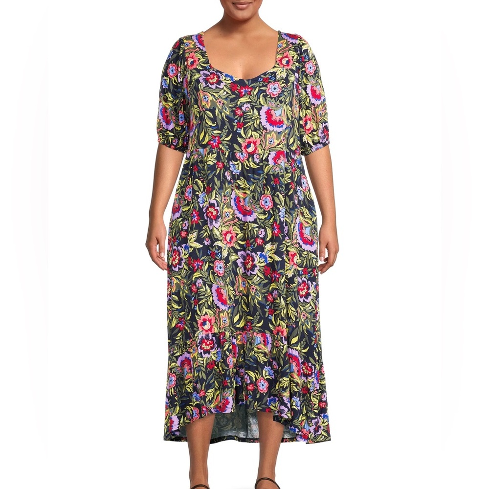 NWT Terra Sky 1X Sweetheart Neckline Jersey Knit Tiered Navy Floral Maxi Dress
